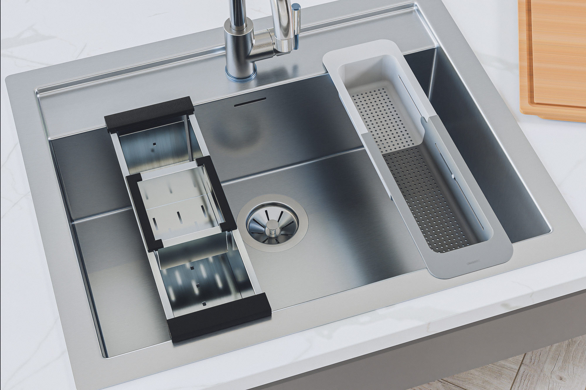 Brushed steel sink, silicone grips, matte surface, and warm wood board material context
