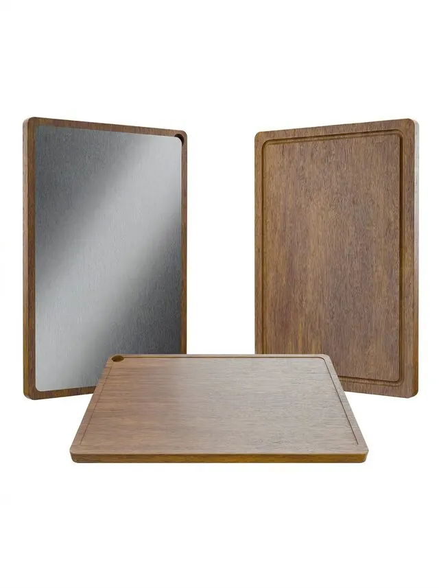 Wood and stainless steel cutting boards beside a kitchen sink